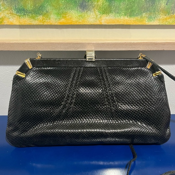 Judith Leiber Leather Snakeskin Reptile Bag Purse Clutch Black Gold Vintage 80s - Picture 7 of 12